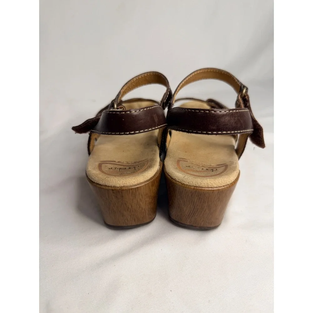 Dansko Womens Sara Brown Leather Wedge Sandals Clogs 37 Comfort Wooden Chunky
